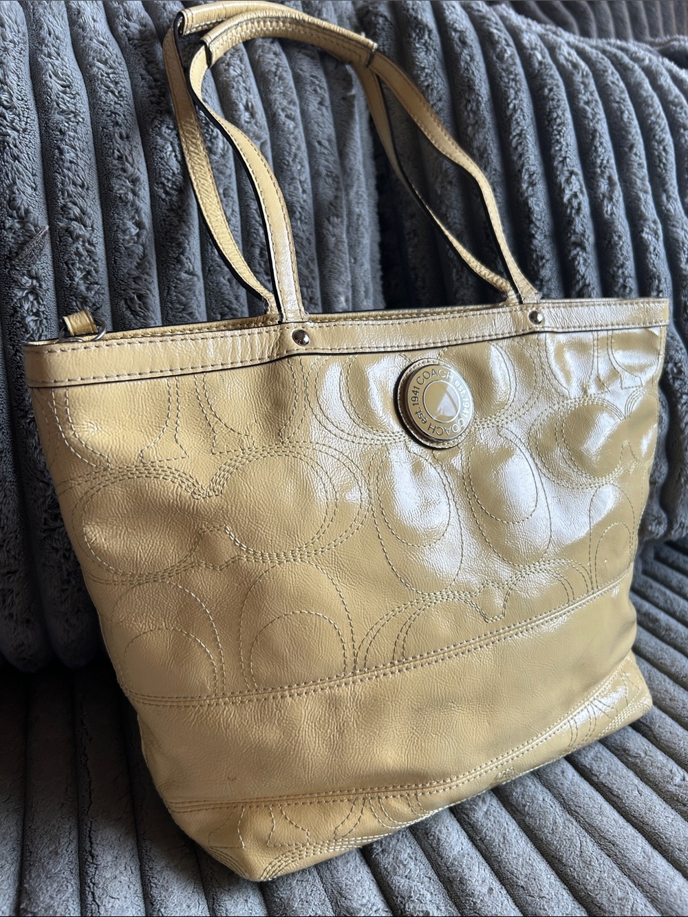 Coach F19198 Signature Stitch Patent Leather Tote Buttercup Yellow Shoulder Bag
